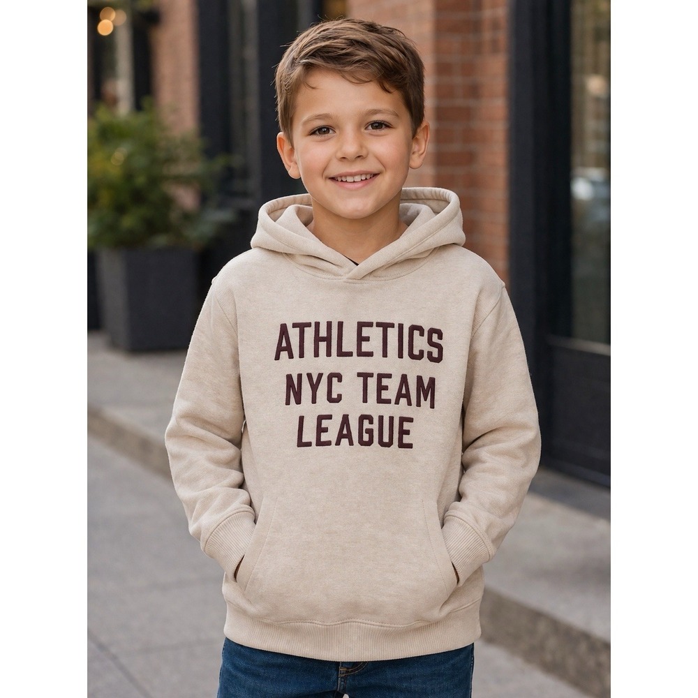 ZARA Boys Hoodie Sz 7 Beige NYC Athletics Varsity Preppy‎ Streetwear Casual Kids